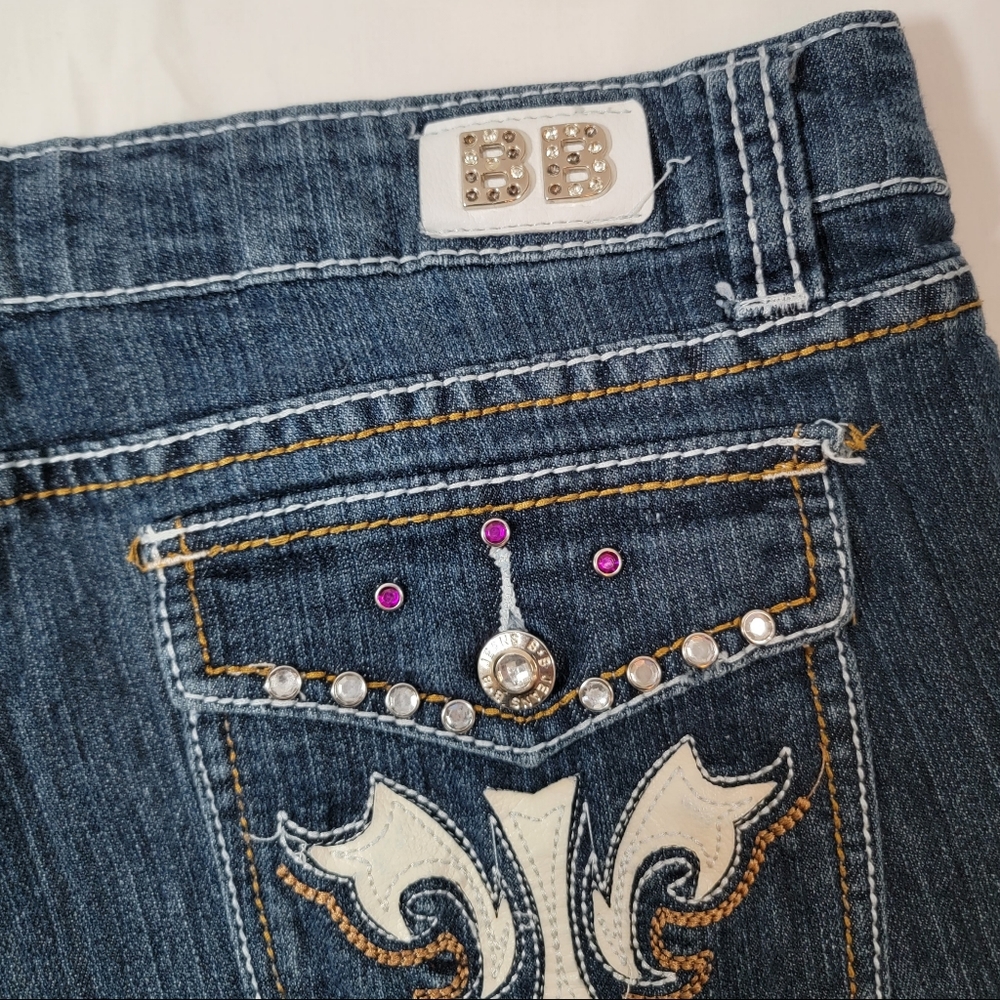 BB JEANS Denim Shorts Size 11 Dark Washed Distressed Bling Pockets - Picture 4 of 5